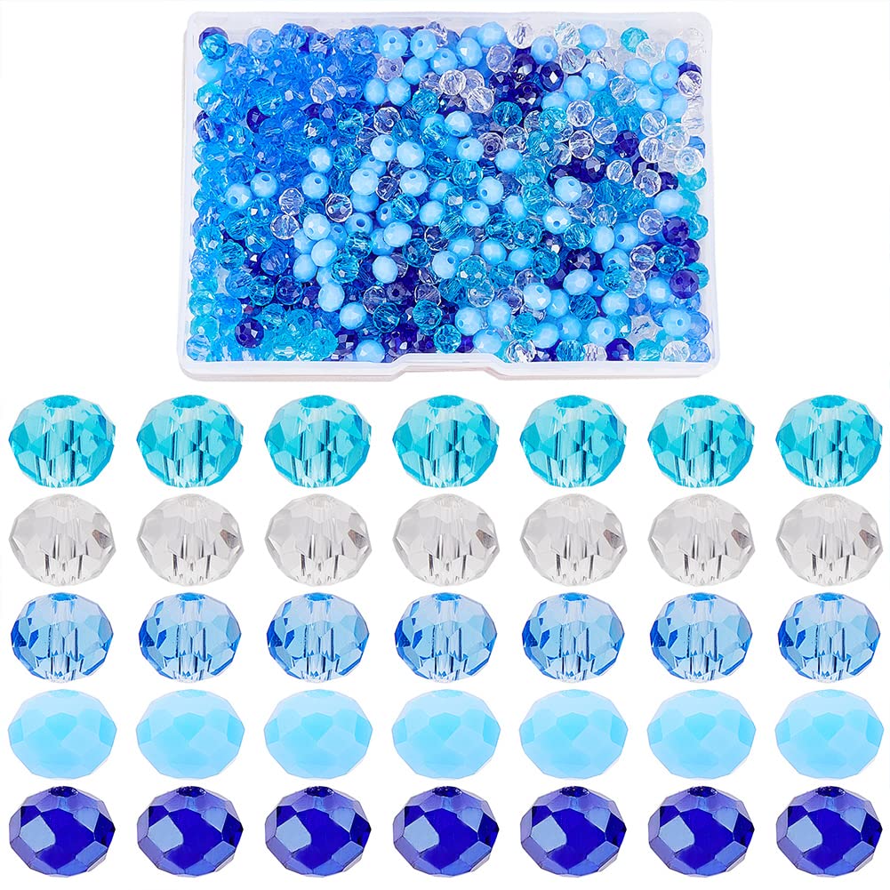 PH PandaHall 500pcs Blue Crystal Beads, 6mm Faceted Glass Bead 5 Colors Rondelle Loose Beads Clear Craft Bead for Winter Christmas Jewellery Making Bracelets Necklaces Bag Keychain DIY Crafts