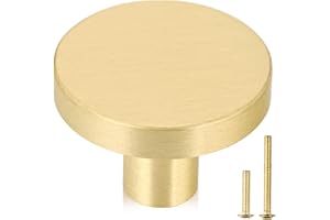QOGRISUN 25-Pack Solid Brass Cabinet Knobs, 1-Inch Diameter, Round Gold Dresser Drawer Pulls Handles, Modern Kitchen Hardware, Brushed Brass Finish