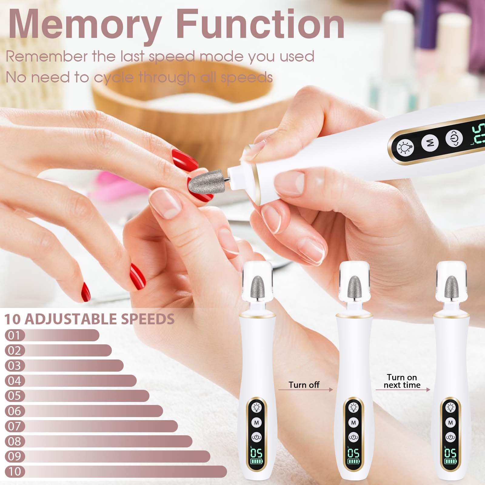 Professional Manicure Pedicure Kit, Cordless Electric Nail Drill with 360° LED light&10 Speeds, Rechargeable Pedicure Tools for feet, Hand Foot Care Nail Drill for Thick Nail Toenail Cuticle Women Men - Image 5