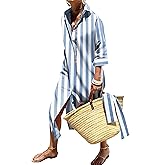 Womens Shirt Dresses Striped Lapel 3/4 Sleeve Maxi Dress Button Down Split Belted