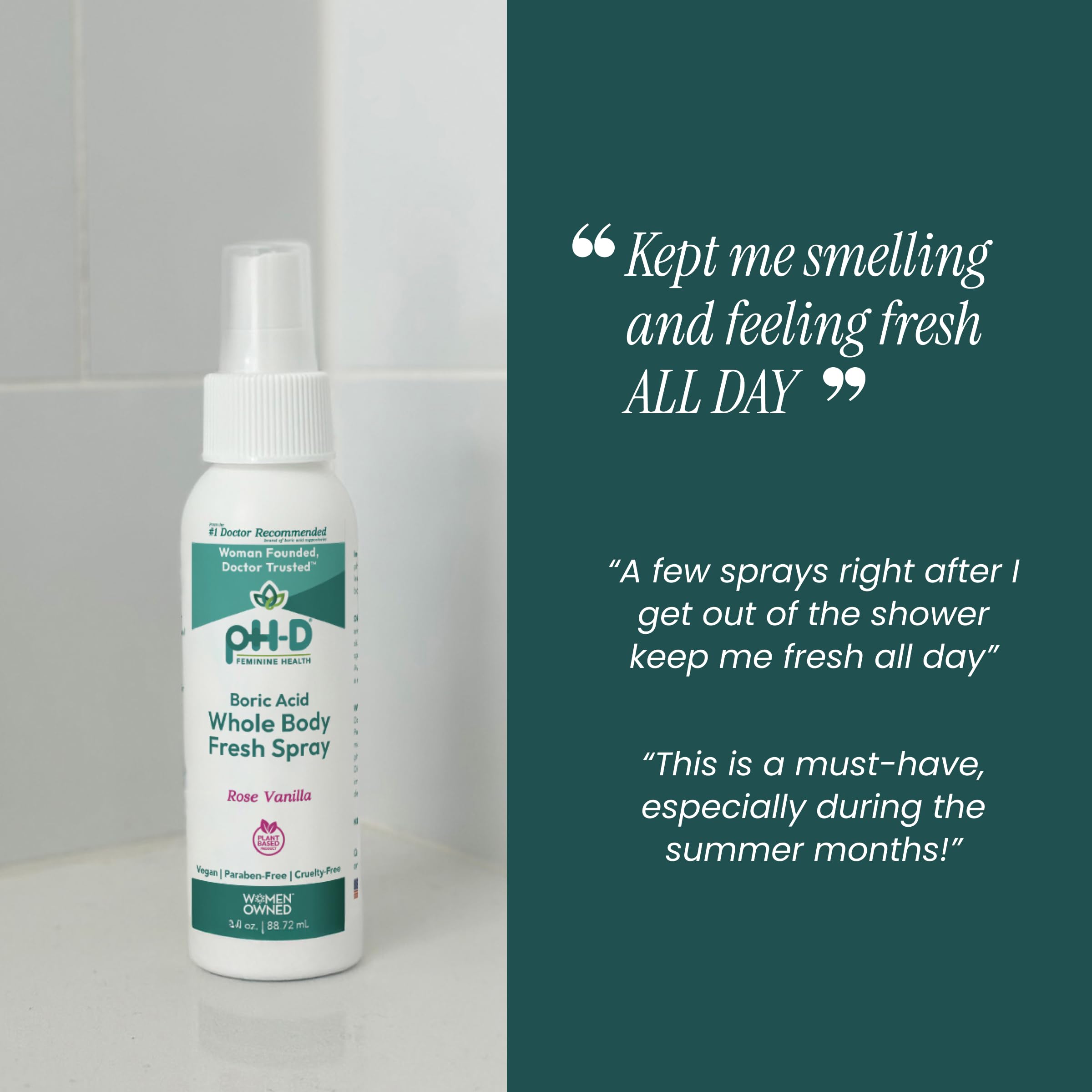 pH-D Feminine Health Support - Boric Acid Body Fresh Spray - Vegan, Paraben-Free, Plant Based - Rose Vanilla Scented - 3oz