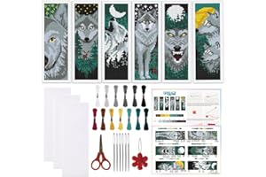 ORIGACH 6 Set Wolf & Forest Cross Stitch Bookmark Kit for Beginner with Backing Felt Floss Instructions DIY Stamped Embroider