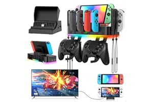 KLIPDASSE Switch TV Dock Station & Wall Mount for Nintendo Switch/OLED,RGB Switch Charging Dock for Joycon with 4 Controller Charger,1 HDMI2.0, 1 USB 3.0,3 USB 2.0,10 Card Slots, 2 Hooks, 4 Wrist Strap, Black