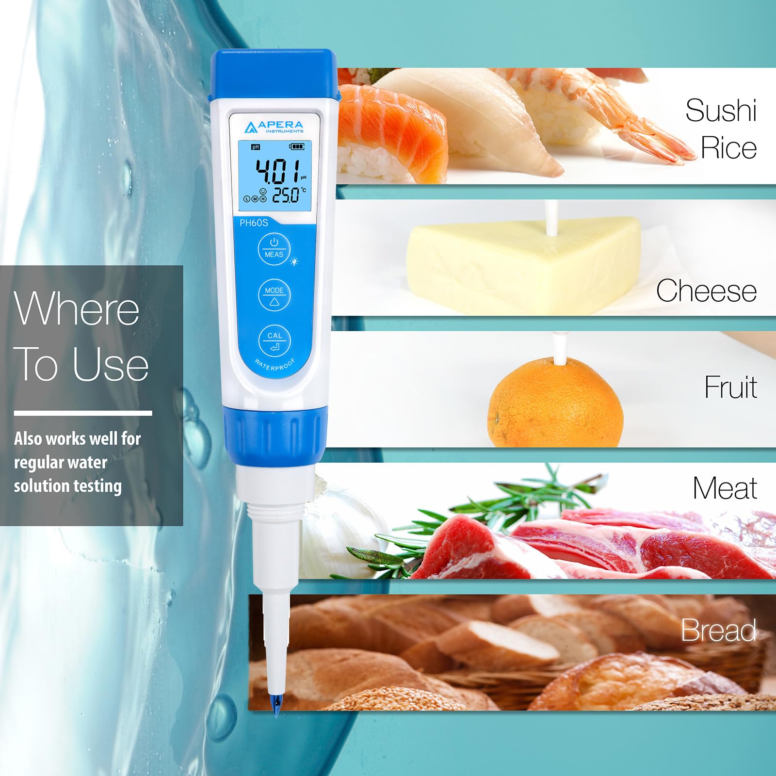 Apera Instruments Premium-Series PH60S Food pH Pocket Tester Kit, Swiss Spear pH Electrode, ±0.01 pH Accuracy, -2.00-16.00 pH Range (AI313)