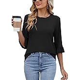 Poetsky Womens 3/4 Ruffle Sleeve Tops Casual Crew Neck Summer T-Shirts Loose Fit Tunic Blouses