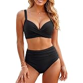 Underwire Bikini Set High Waisted Two Piece Push Up Tummy Control Swimsuit | Molded cups for lifted cleavage, Adjustable shoulder straps, Hook closure, Ruched tummy control bottom