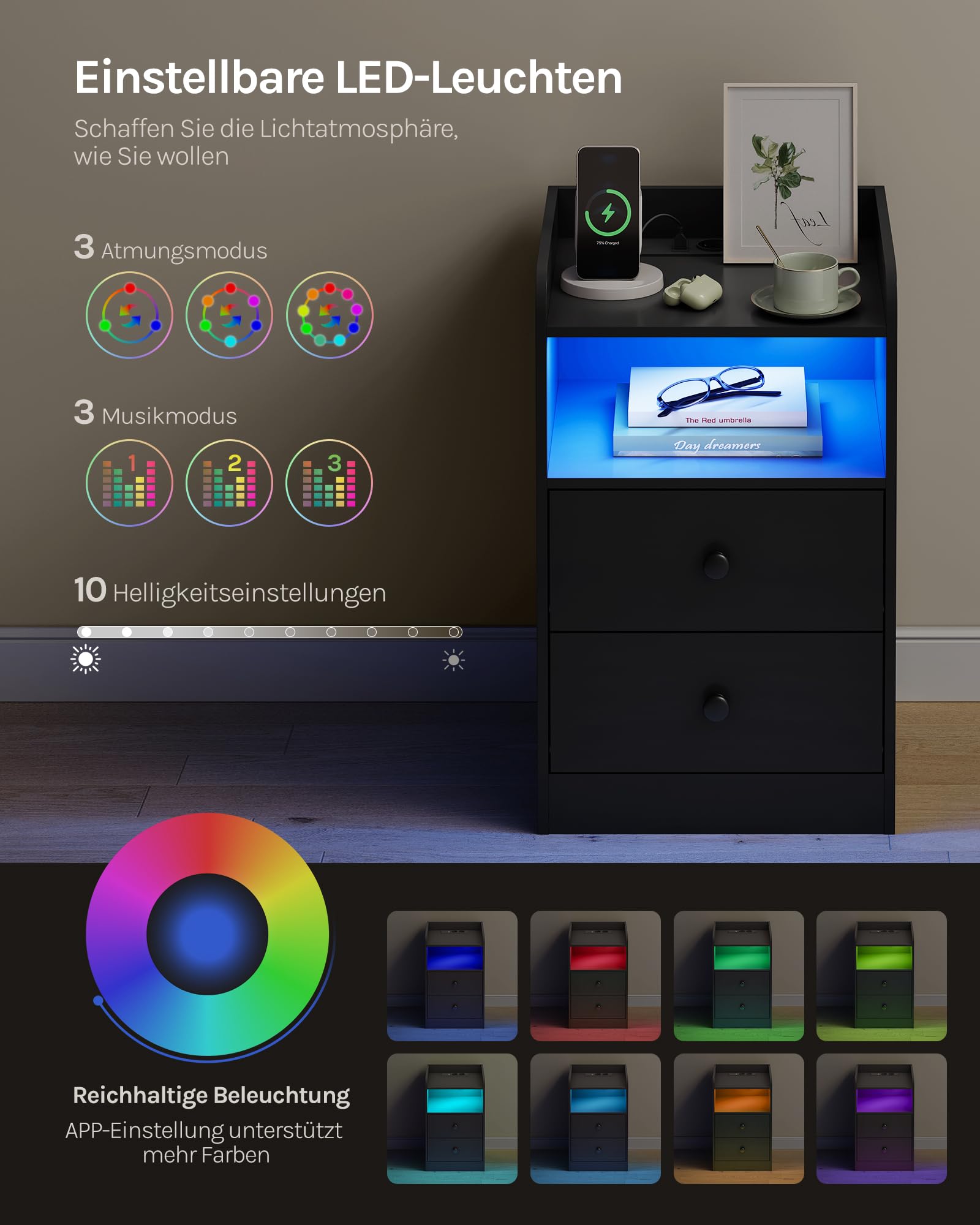 WOLTU Nachttisch 2er Set, mit Steckdose, Nachtschrank mit LED-Beleuchtung, schwarz, 2 Schubladen und 1 offenem Fach, 40 x 35 x 64 cm, geeignet für Schlafzimmer, Wohnzimmer, moderner Stil, NTS07sz-2 4