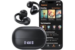 HAOWOLF Open Ear Clip On Earbuds, Bluetooth 5.4 Bone Conduction Headphones AI Music Generator Earbuds with 4 Mics Clear Calls, 5.7g Ultra-Light Design, 30H Hi-Fi Stereo Playtime & IPX6 Fit Sports, Black