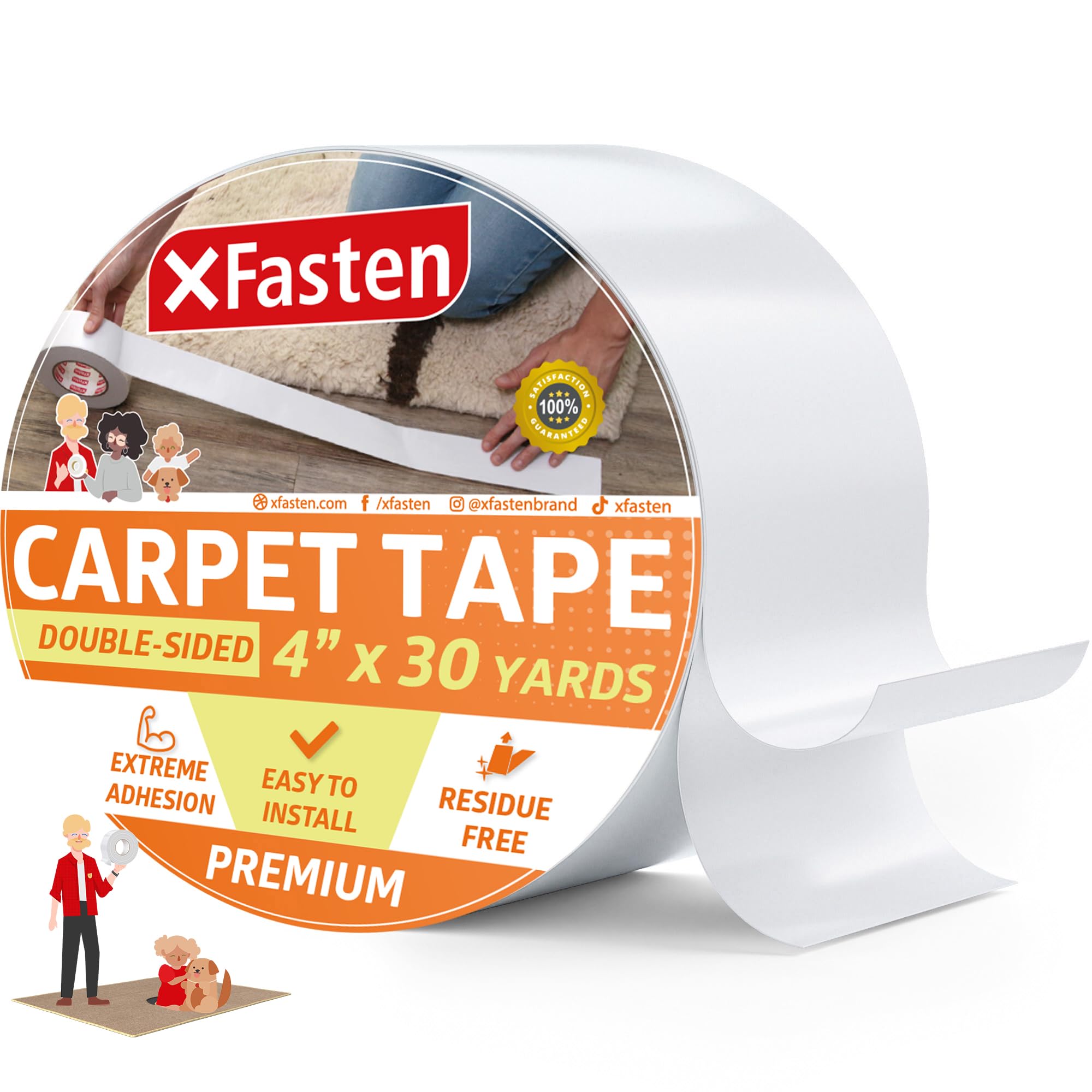 XFasten Double Sided Carpet Tape - 4” x 30 yds for Area Rugs, Outdoor Rugs, Hardwood, Laminate, Tile