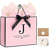 KeerxunBag Personalized Monogram Gift Bags Set - Initial J Pink Gift Bags with Bow, Tissue Paper, Greeting Card & Envelope for Women, Girls | Medium Party Favors, Reusable Gift Packaging