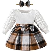 Toddler Baby Girl Plaid Dress Puff Sleeve Bow Patchwork Ribbed Shirts Dress Plaid Fall Winter Outfits with Headband