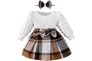 NOUBEAU Toddler Baby Girl Plaid Dress Puff Sleeve Bow Patchwork Ribbed Shirts Dress Plaid Fall Winter Outfits with Headband