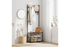 AEPOALUA Hall Tree with Bench, 3-in-1 Coat Rack Shoe Bench, 9 Removable Hooks, Rustic Black, 68.9x27.6x12.8 inches