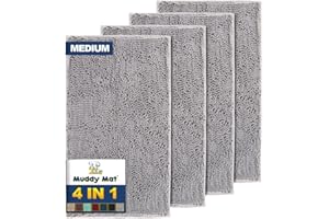 Muddy Mat® 4-Piece Grey Medium 30"X19" AS-SEEN-ON-TV Highly Absorbent Microfiber Door Mat, Bath Mat and Pet Rug, Non Slip Thick Washable, Soft Chenille for Kitchen Bathroom Bedroom Indoor and Outdoor