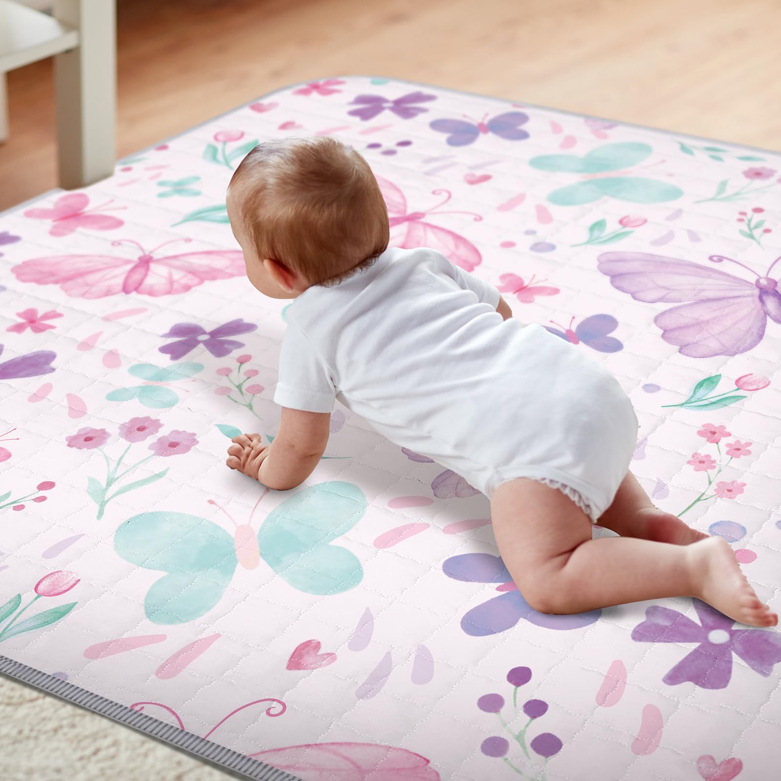 Funtery 43 x 43 Inch Boho Baby Play Mat Portable Crawling Washable Foldable Tummy Time Non Slip Baby Floor Large Playpen Mat for Infants Toddlers Floor Playpen Activity(Butterfly)
