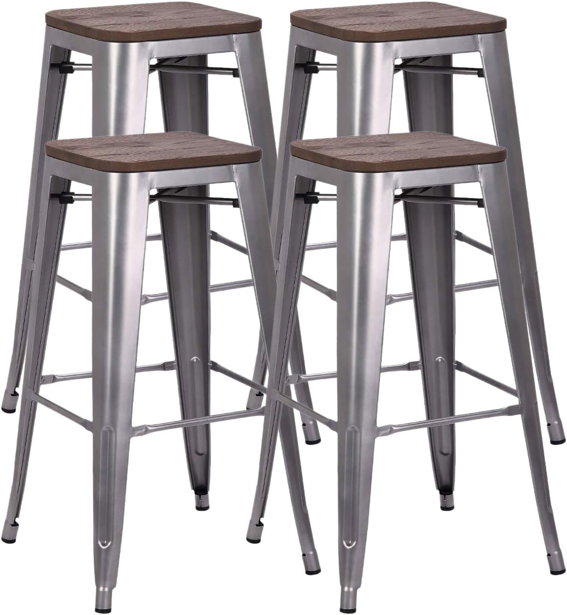 Squadise 30 inches Metal Bar Stools Set of 4 Stackable, Counter Height Industrial Bar Stools with Wood Seat for Home Kitchen,Pub,Outdoor-Silver