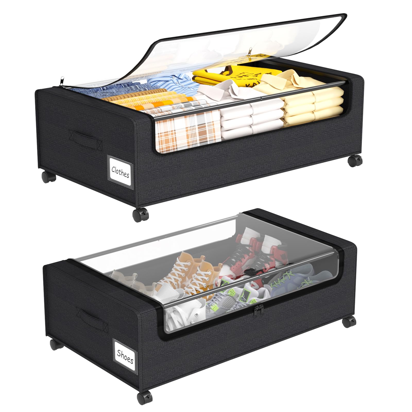 Photo 1 of Under Bed Shoe Storage Organizer, 10 Inch Rolling Underbed Drawers for Clothes, Blankets, Winter Clothing & Shoes - Metal Frame Storage Bins with Handles, Dual Zippers, Clear Window 2 Pack Black