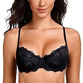 MELENECA Women's Sexy Lace Push Up Plus Size Sheer Balconette Underwire Unlined Bra