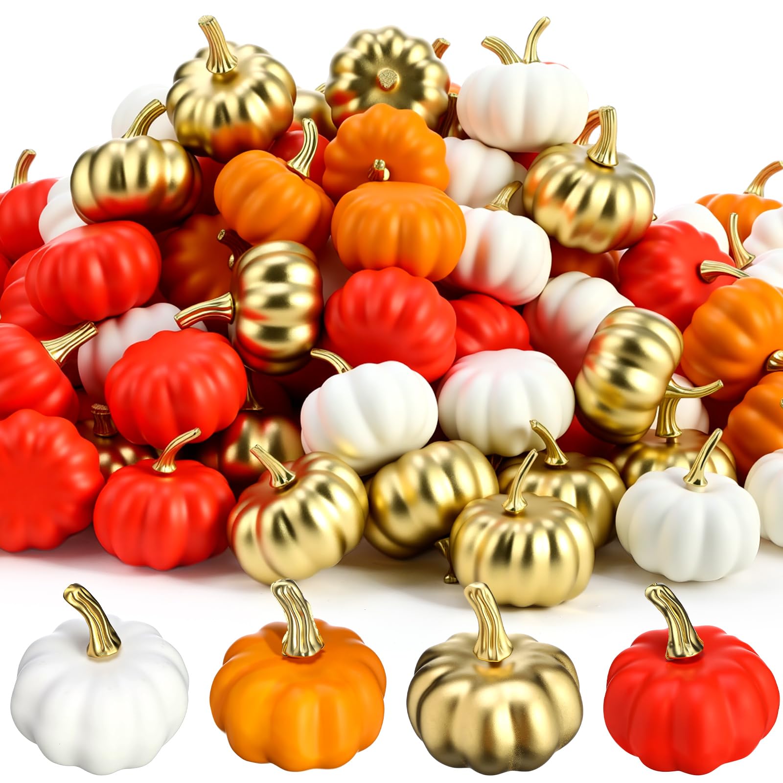 Photo 1 of 144 Pcs 2.4 Inch Thanksgiving Artificial Pumpkins Decoration Bulk Mini Fall Fake Foam Pumpkins Decorating for Autumn Thanksgiving Table Home Kitchen Farmhouse Centerpieces(White, Yellow, Orange, Gold)