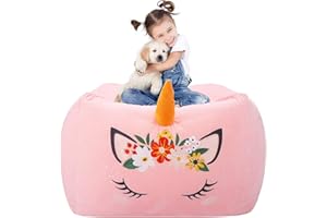 Aubliss Unicorn Stuffed Animal Storage Bean Bag Chair for Kids, Velvet Extra Soft Beanbag Chairs Cover, X-Large Stuffable Zipper Bean Bag for Organizing Plush Toys Girls Bedroom Decor, Pink Floral