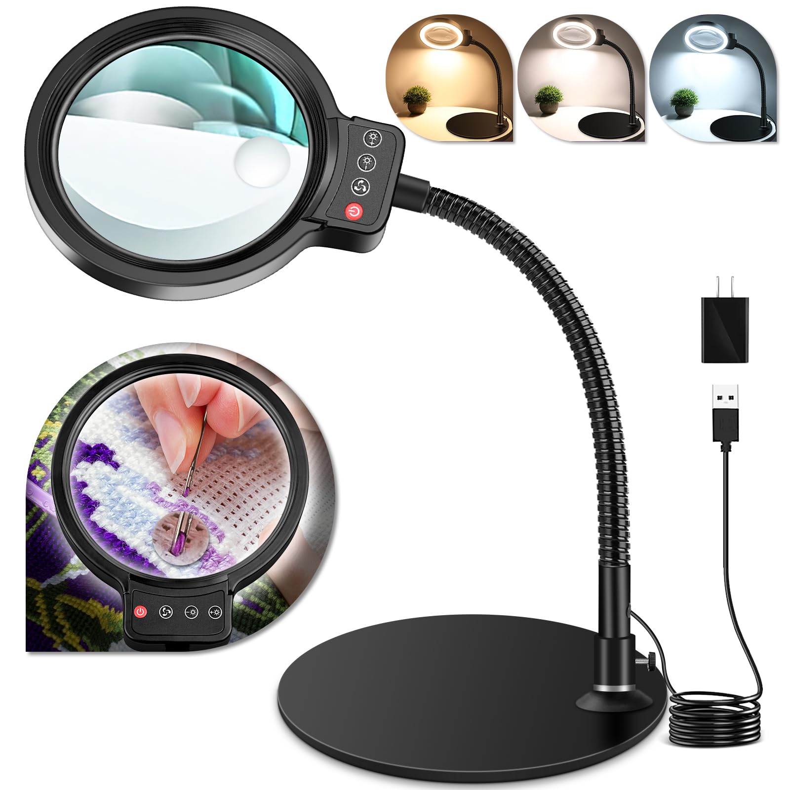 Photo 1 of 10X 30X Magnifying Glass with Light and Stand, 72 LED 3 Color Modes Stepless Dimmable, Hands Free Lighted Magnifier Desk Lamp for Close Work Craft Hobby Painting Sewing Jewelry Reading (Black)