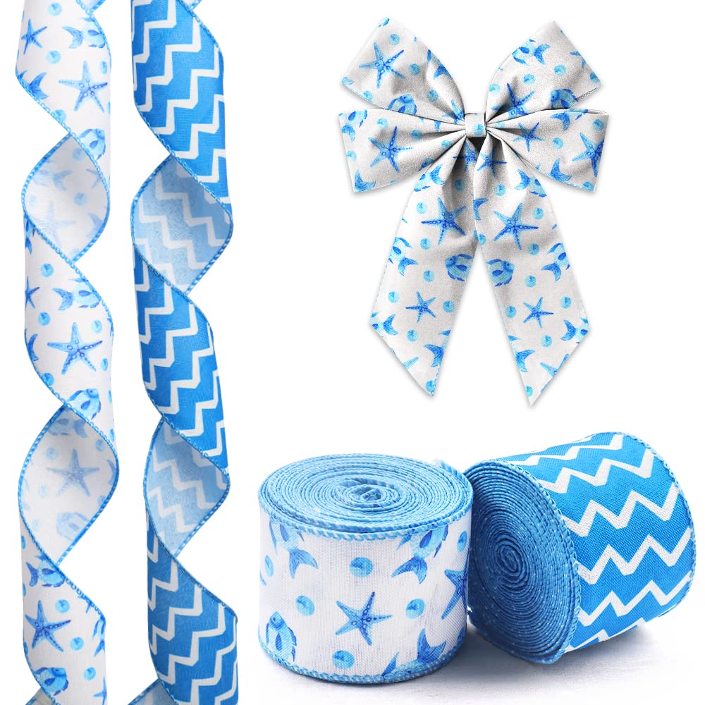 Photo 1 of Hying 2 Rolls Summer Starfish Ribbons Wired for Wreath Bows Wrapping Gifts, Beach Sea Waves Ribbon for Gift Wrapping Birthday Party Decoration DIY Crafts 2.5" X 10 Yards Blue Wave Wired Edge Ribbon