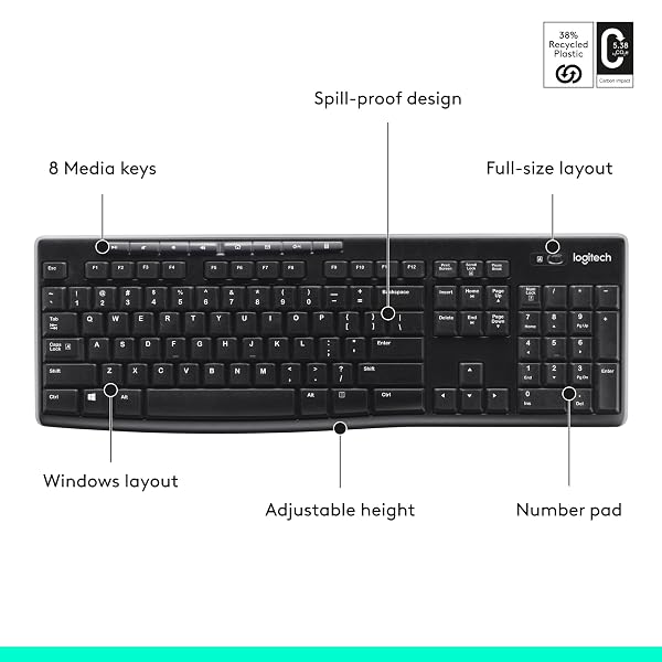 LOGITECH K270 WIRELESS KEYBOARD FOR WINDOWS, 2.4 GHZ WIRELESS, FULL-SIZE, NUMBER PAD, 8 MULTIMEDIA KEYS, 2-YEAR BATTERY LIFE, COMPATIBLE WITH PC, LAPTOP, BLACK