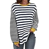 BLENCOT Women's Oversized Patchwork T Shirts Fall Long Sleeve Striped Color Block Loose Fit Pullover Tops