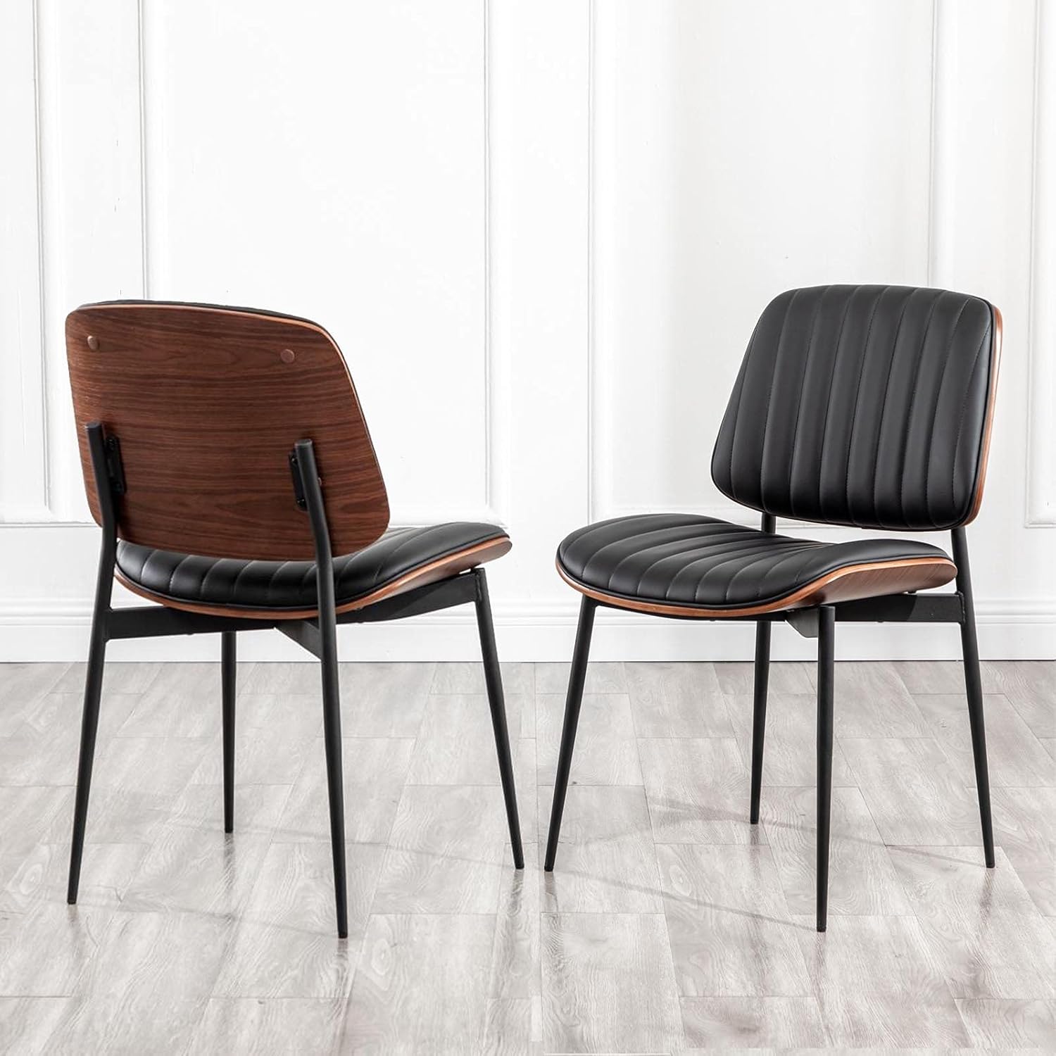 LUNLING Dining Chairs Set of 2 Mid Century Modern Retro Faux Leather Chair with Walnut Bentwood Upholstered Seat Metal Legs Adjustable Foot for Kitchen Dining Room Chairs - Chairs