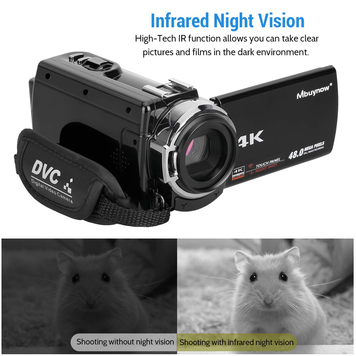 4K Camcorder, Mbuynow Video Camera 48MP 30FPS Ultra HD WiFi Digital Camera IR Night Vision 3.0\