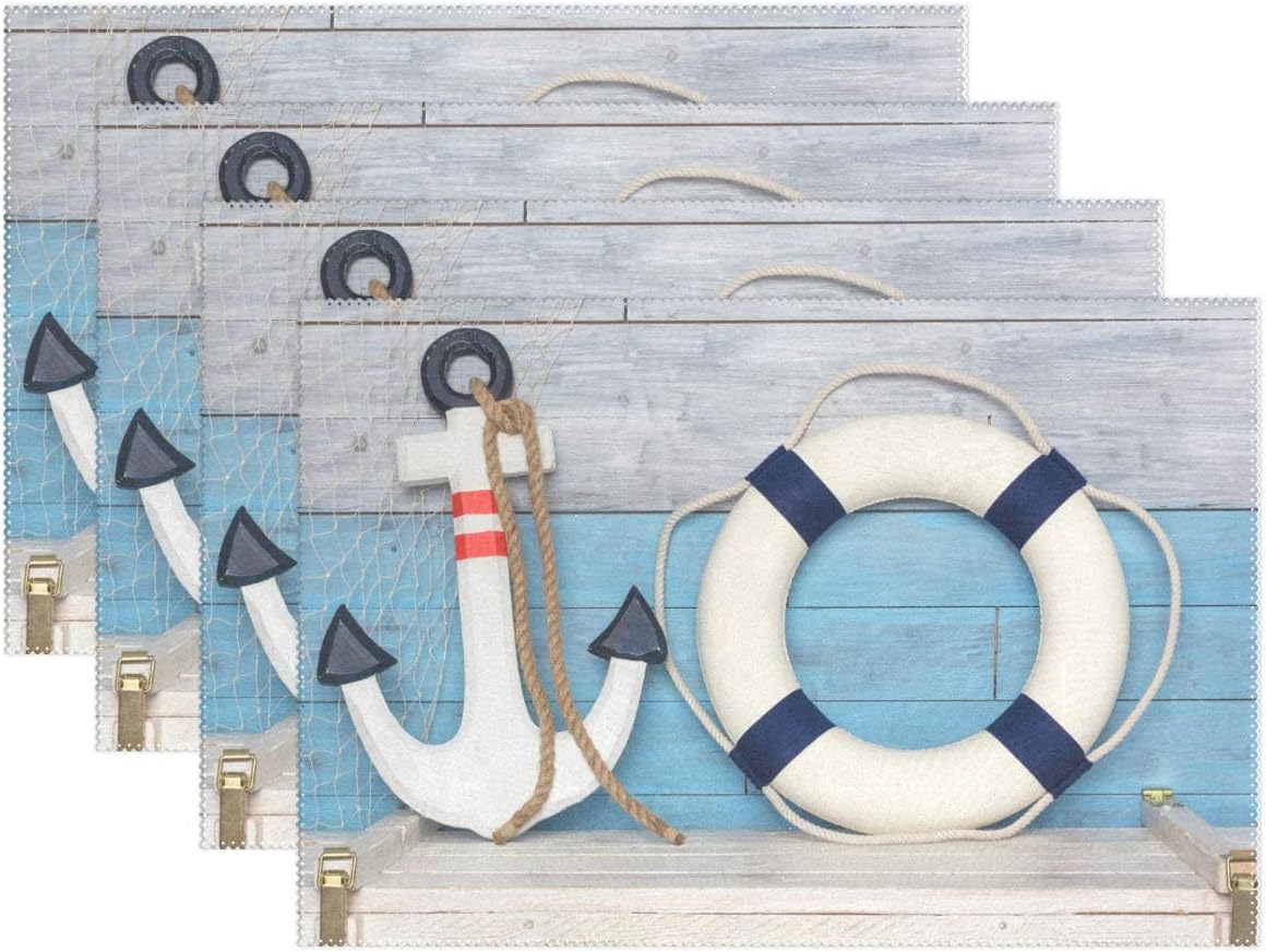 ALARGE Place Mats Set of 6, Sea Nautical Anchor Sailor Placemat Washable Heat and Stain Resistant Table Mat Kitchen Dining Table Decoration