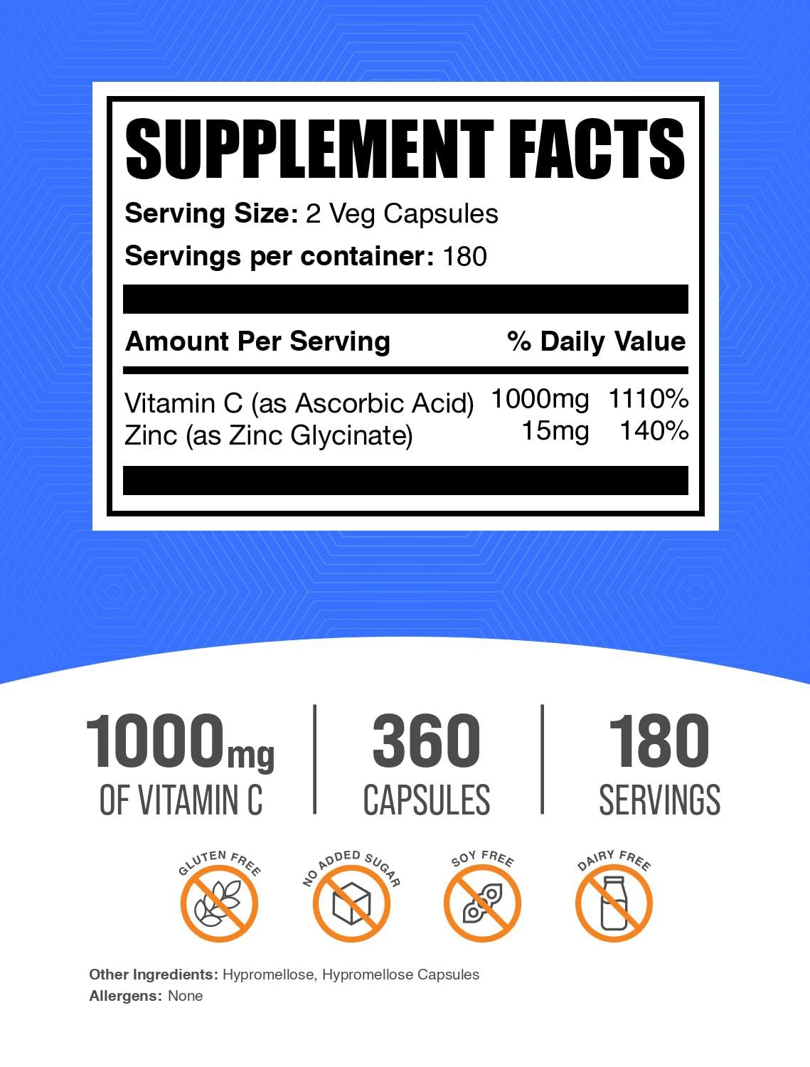 BulkSupplements.com Vitamin C with Zinc Capsules - Vitamin C 1000mg & Zinc 15mg, for Immune Support - Vegan, 2 Capsules per Serving, 360 Veg Count (Pack of 1)