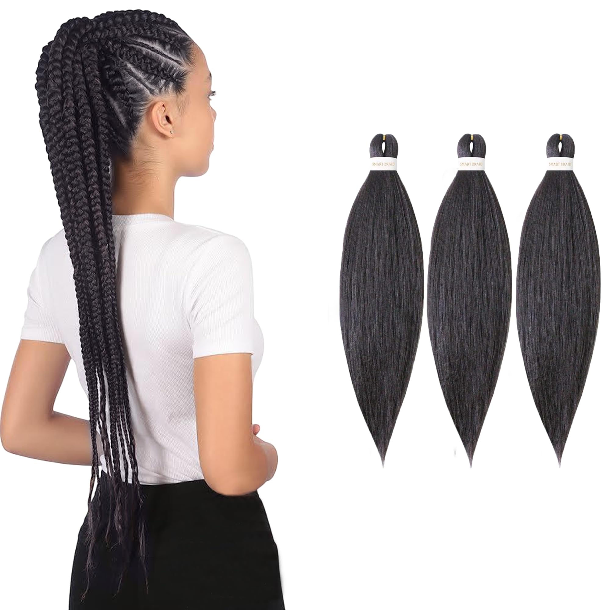 Pre Stretched Braid (PACK OF 3) 28" long Easy Braiding Crochet Anti Bacterial Yaki Texture Hair Extension Ombre Hot Water setting No Itch 270g, by Smart Braid COLOUR 1B Natural Black (UK SELLER)