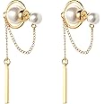 CLEBLE | Double Pearl Dangle Earrings/Gold Chain Tassel Drop Earrings/Double Pearl Back Ear Jacket Earrings/Elegant Kpop Korean Dainty Earrings Gold