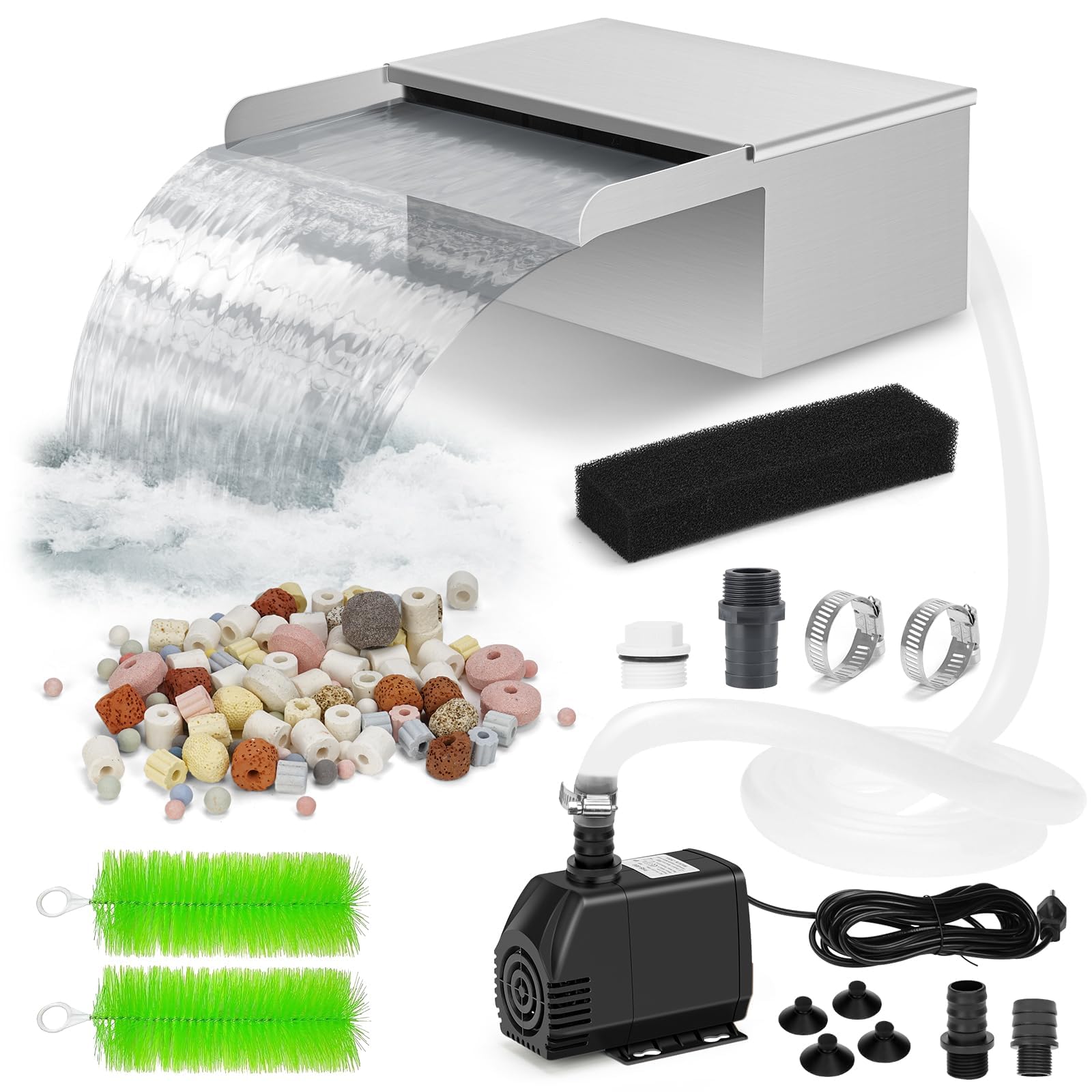 Photo 1 of Pond Waterfall Spillway with Filter and Pump Kit - 304 Stainless Steel Ponds Waterfall Box,800 GPH Pump,9.8FT Oxford Hose,Garden Water Features