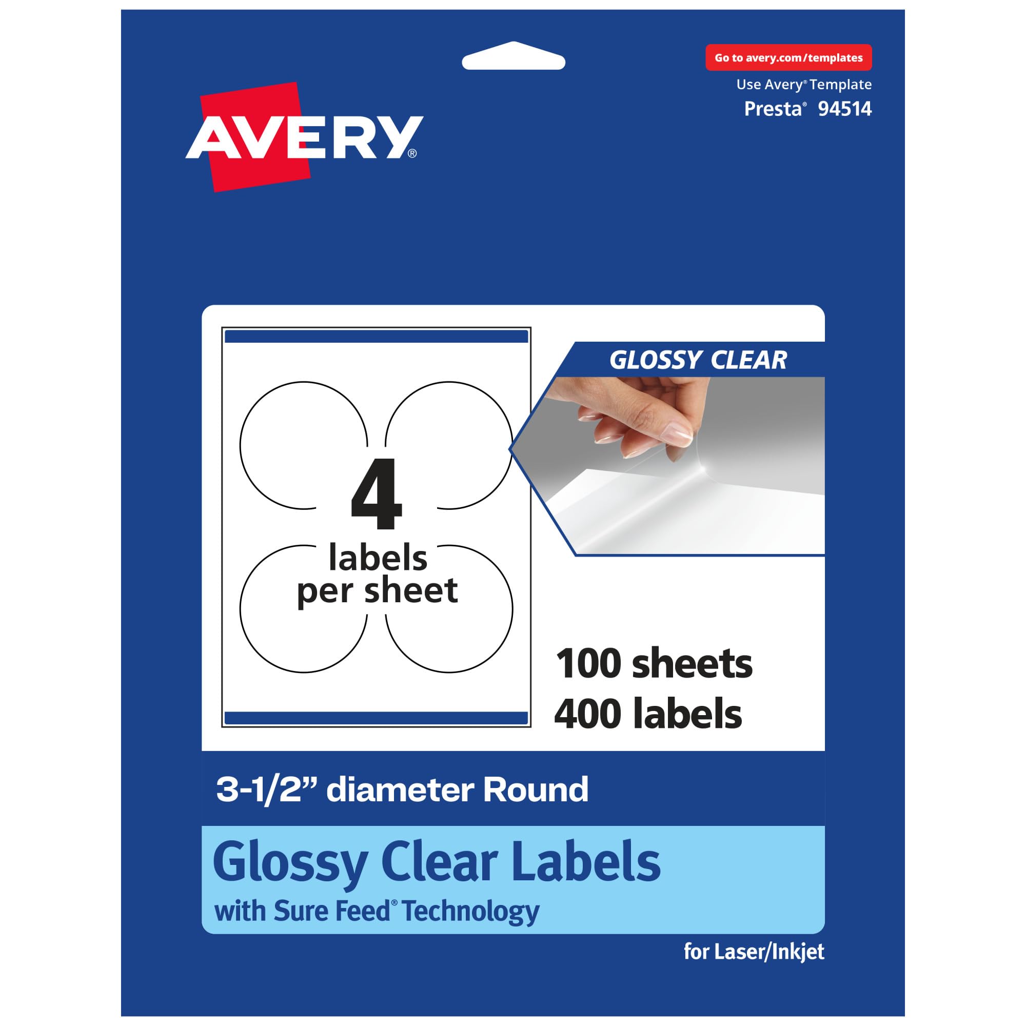 Avery Glossy Clear Round Labels, Sure Feed Technology, 3.5″ Diameter, 400 Glossy Clear Labels, Print-to-The-Edge, Laser/Inkjet Printable