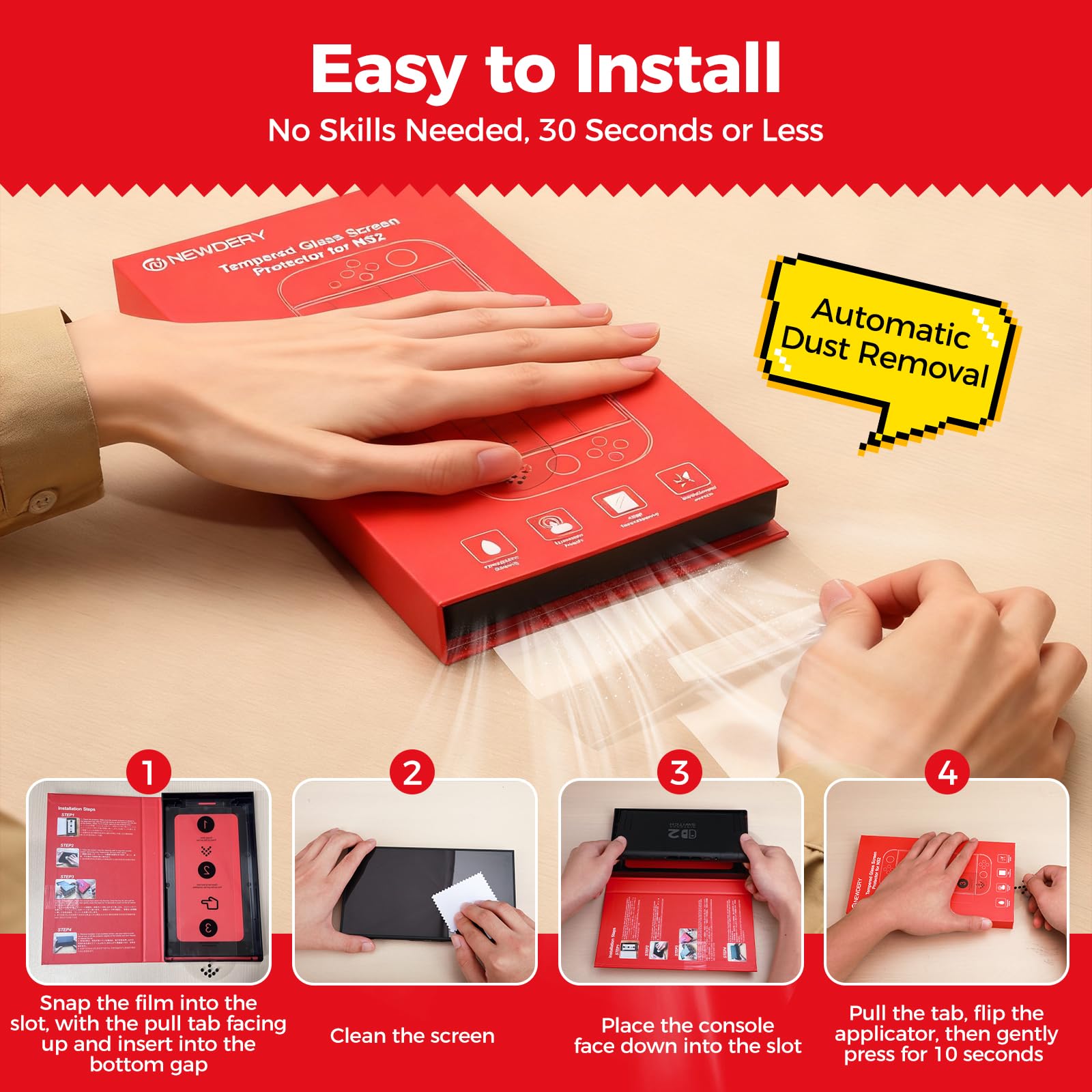 NEWDERY Displayschutzfolie für Nintendo Switch 2, 9H gehärtetes Glas, automatische Ausrichtung, blasenfreie, Anti-Fingerabdruck, kratzfest, Touchscreen‌‌, HD-klare Vollabdeckung, 2er-Pack 8