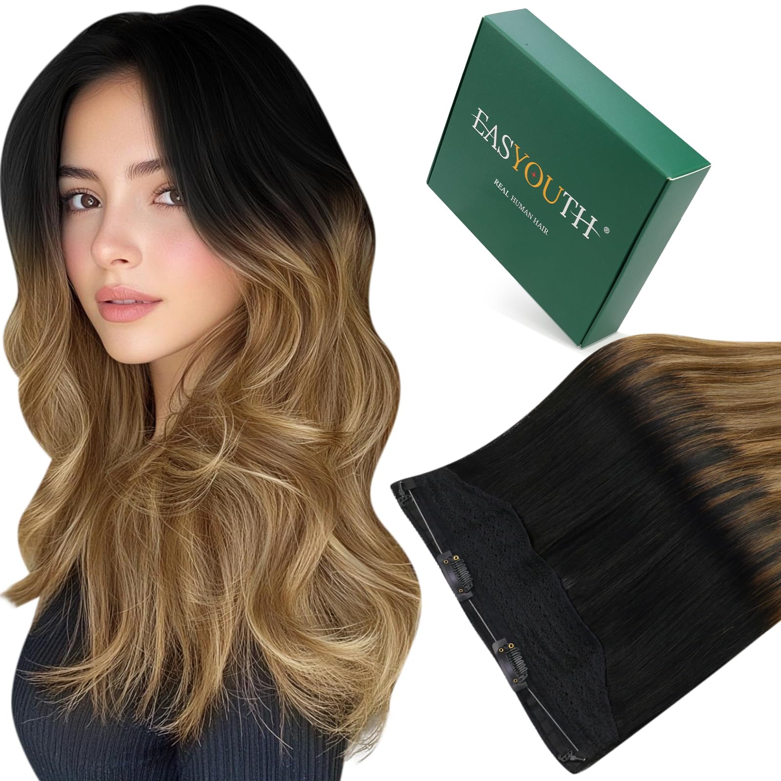 Easyouth Wire Extensions Human Hair Ombre Black Wire Hair Extension Real Human Hair Balayage Black to Brown Mixed Blonde Invisible Fish Line Hair Extensions Easy to Apply 12Inch 70g #1B/6/27 — image 1