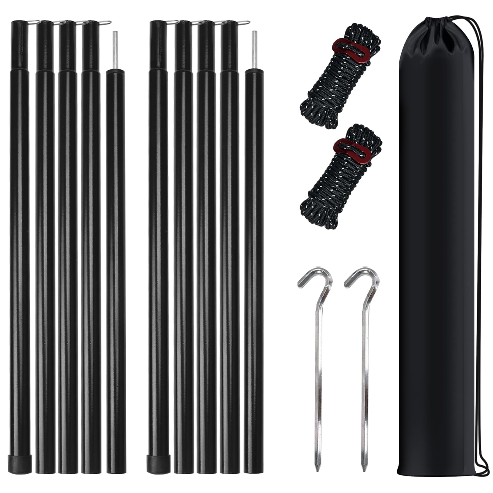 MI CASA Tent Tarp Poles Set of 2 with Pegs & Reflective Ropes, Universal Telescopic Adjustable Aluminium Camping Awning Poles Tent Accessories for Camping Tarp Awning Shelter Canopy Sunshade, Black