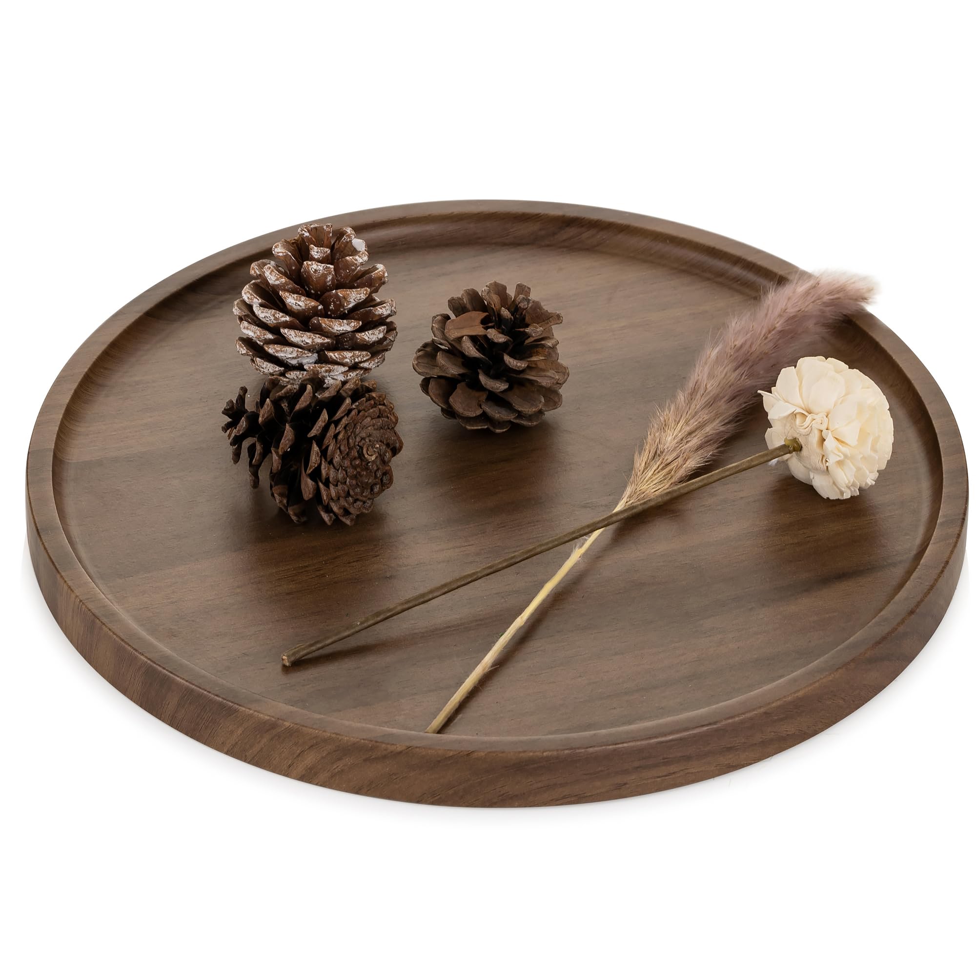 Hanobe Round Wood Decorative Tray: Rustic Walnut Veneer Coffee Table Tray Farmhouse Centerpiece Circle Ottoman Serving Platter for Kitchen Counter Home Decor, 30cm