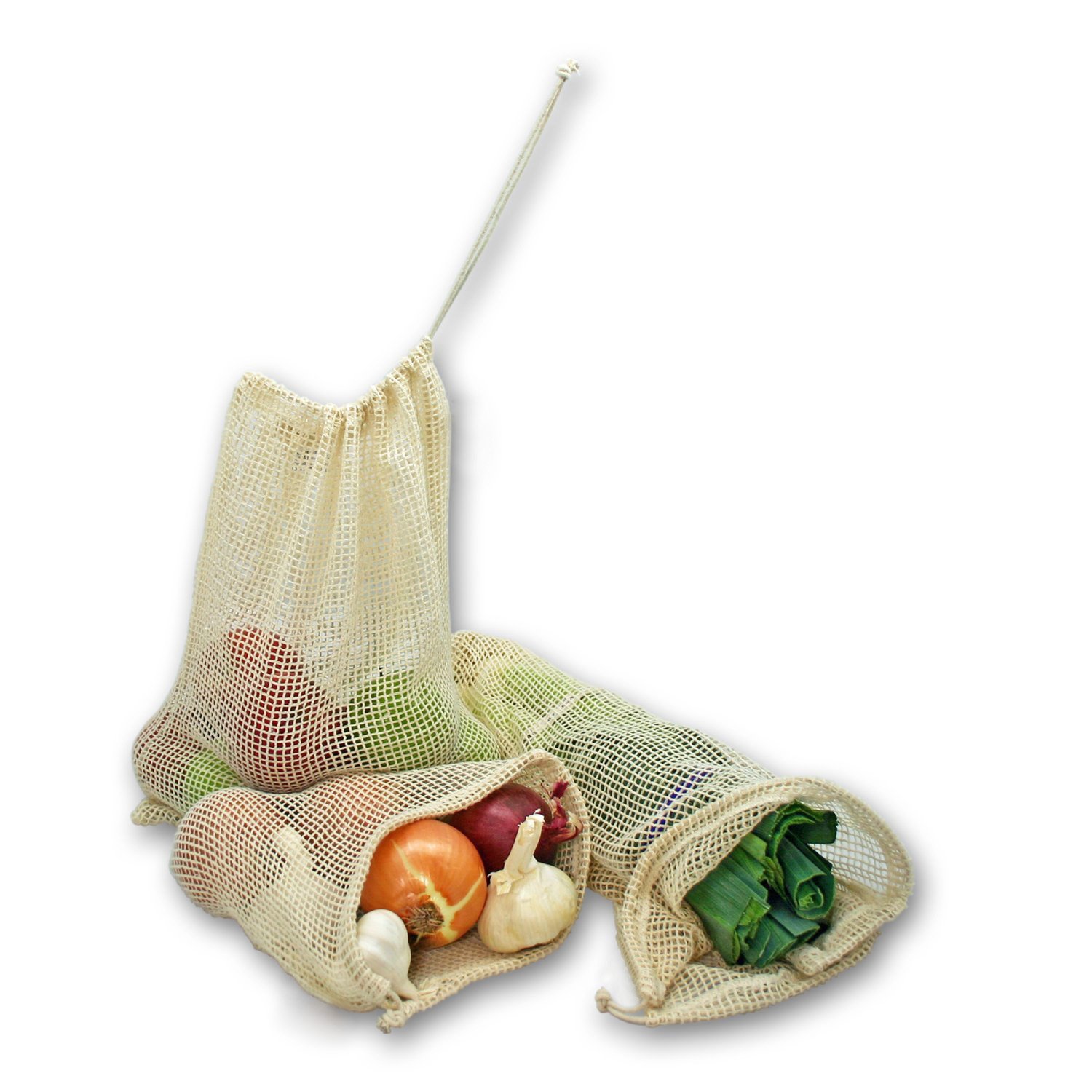 Reusable Produce Bags, DayBuy Organic Cotton Grocery Bag[Natural Cotton Mesh is Biodegradable][Zero-Waste] for Grocery Shopping and Storage, Recyclable, Washable - Set of 9 (3 ea. S, M, L)