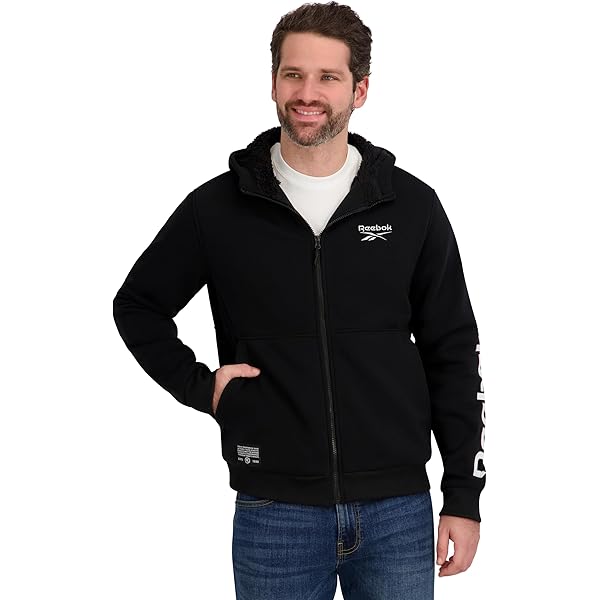 Reebok Mens Mock Neck Zip-Up Grid Polar Fleece Shell Jacket, Black