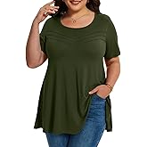 LARACE Summer Plus Size Tops for Women Round Neck Short Sleeve Women's Tunic Loose Fit Pleated T-Shirts Blouse Clothes