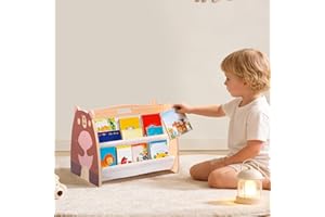 Kids Bookshelf Double Sided 4 Tier Portable Wood Toddler Montessori Book Shelf for Kid Room Nursery Bedroom Playroom (Brown)