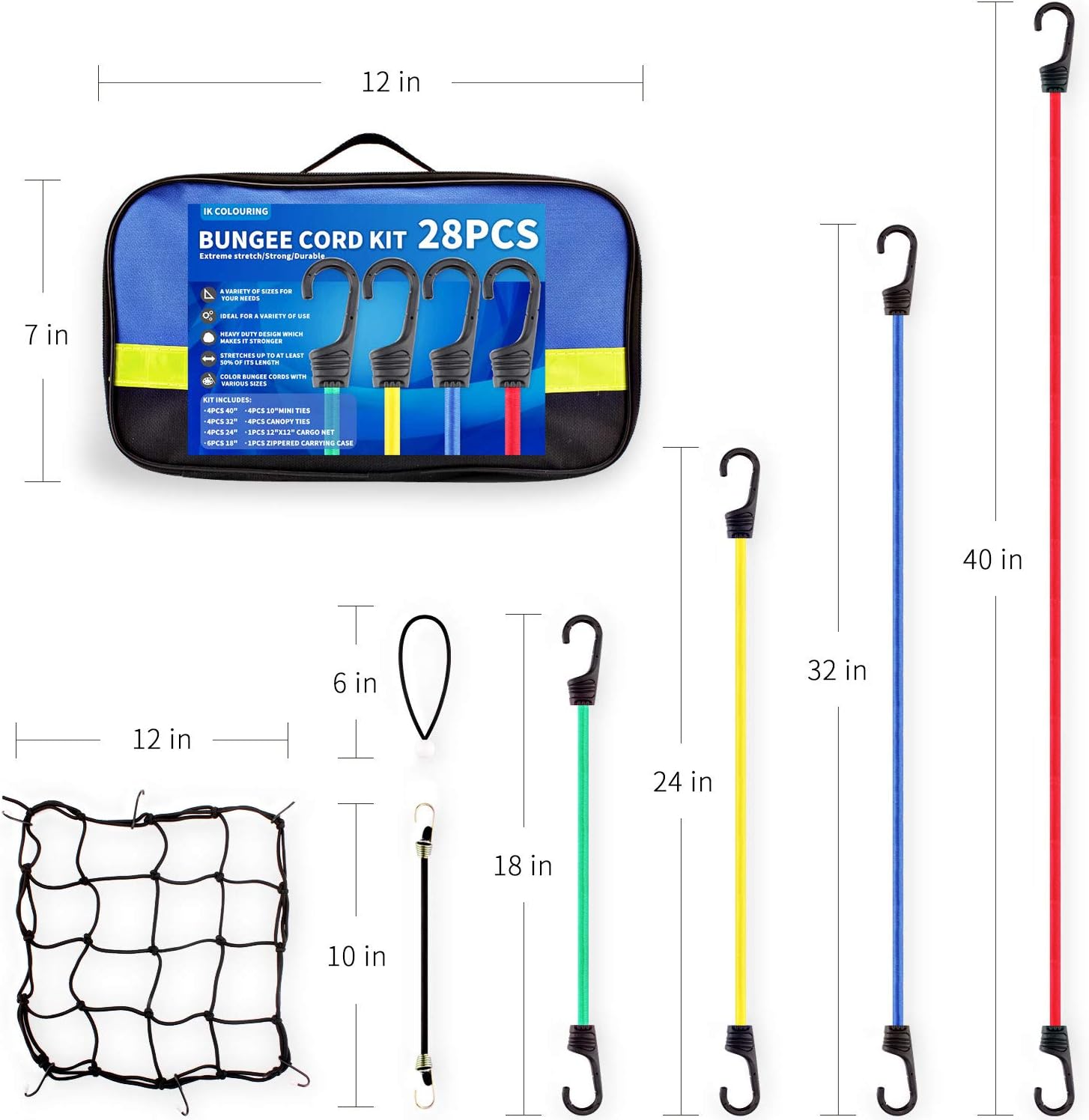 Bungee Cords Set with Hooks, 28pc Bungee Cord kit Heavy Duty with Storage Bag, Bonus Cargo Net, Includes 40”,32”,24”,18”,10” Bungee Cords and Canopy Ties&Ball Bungees, with Plastic Coated Metal Hooks: Automotive