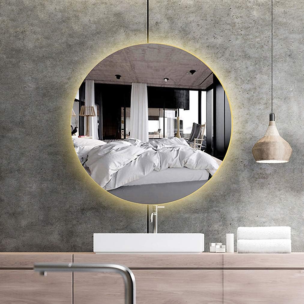 HORV Wall-Mounted Vanity Mirrors Modern LED Illuminated Bathroom Mirror, Round Rimless Makeup Wall Mirror, White/Warm Light