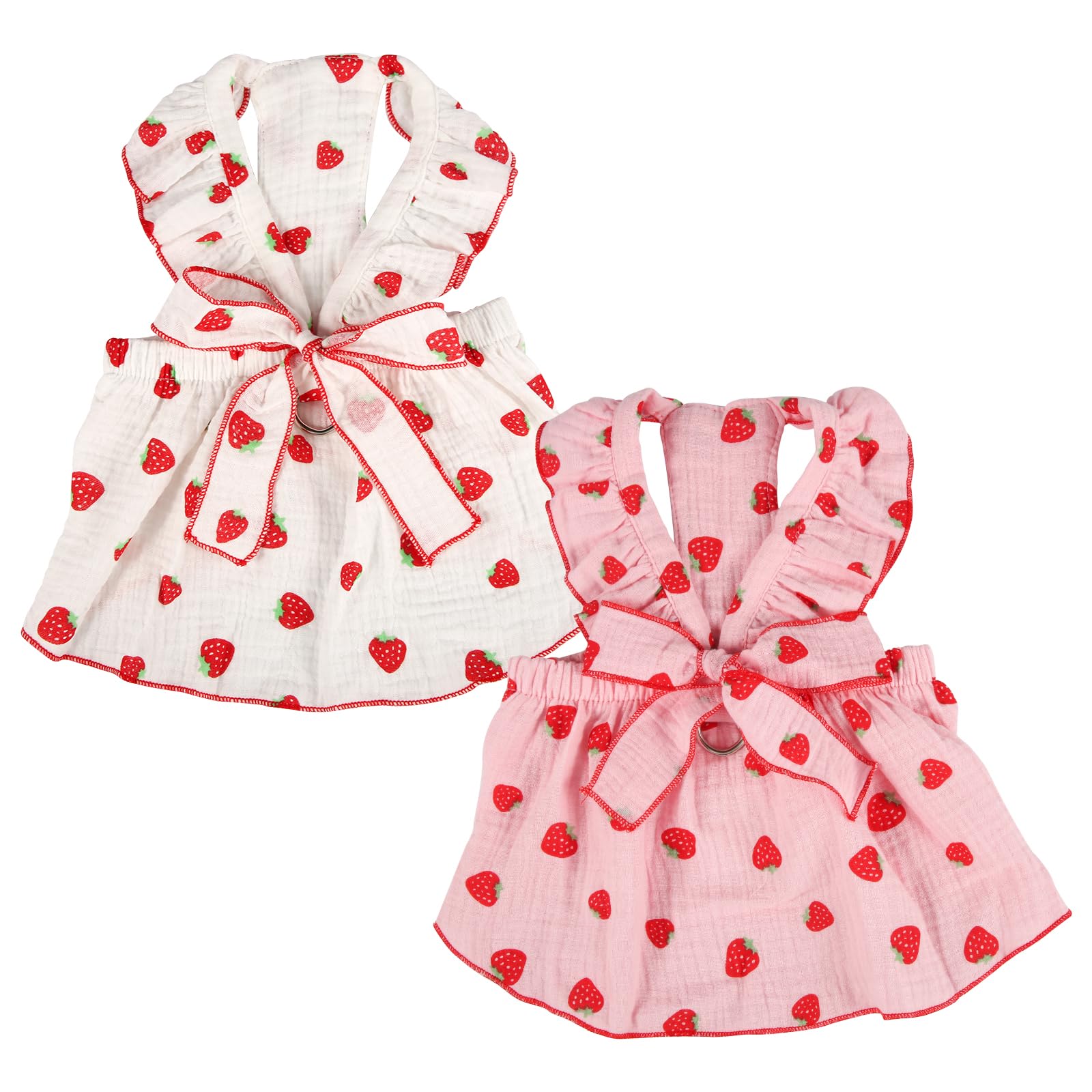 2pcs Girl Dog Dresses, Strawberry Printed Bow Decoration Girl Puppy Clothes Summer Cute Kitten Skirts Pet Dresses for Small Medium Large Dog And Cat (L)