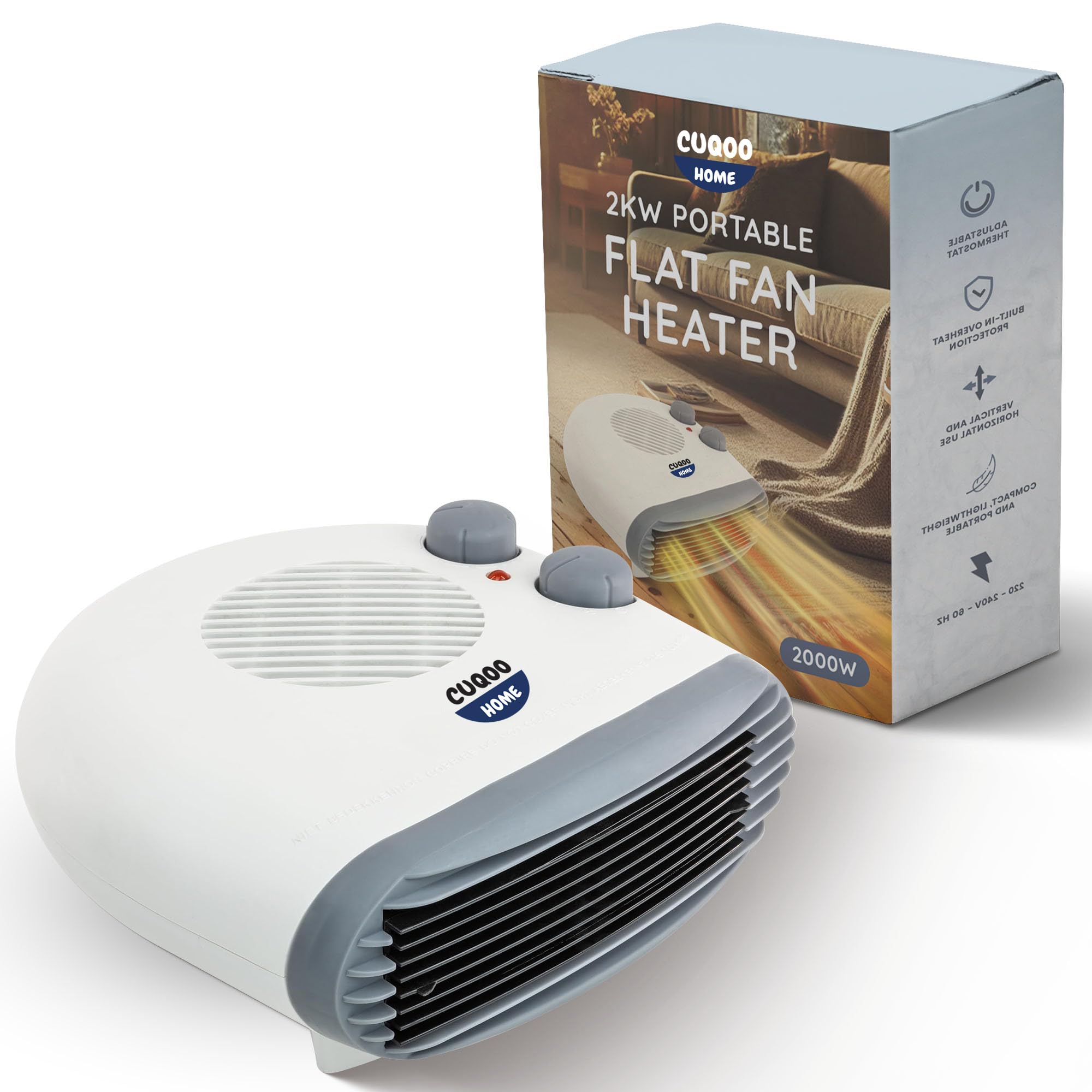 CUQOO Portable Flat Fan Heater - 2000W Room Heater with 3 Heat Settings and Overheat Protection, Horizontal Fan Heaters, Electric Space Warmer for Bedroom Indoor Use