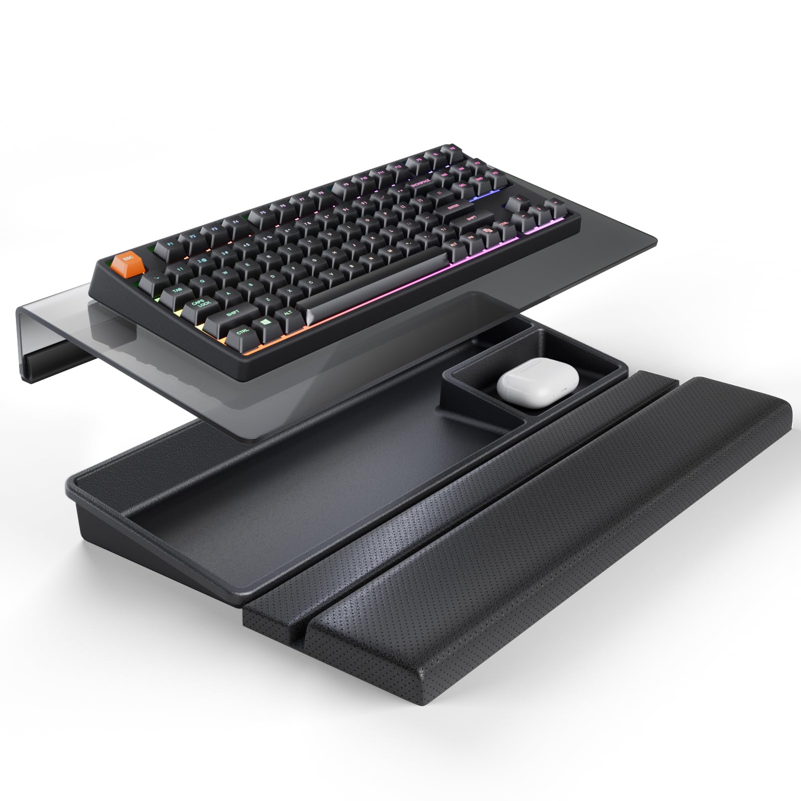 Photo 1 of 3 in 1 Keyboard Stand w/Wrist Rest and Storage Tray - Klearlook [Ultra Comfortable] PU Leather Wrist Pad & Acrylic Keyboard Riser, 16.9x7.3 inch Tilt Adjustable Computer Keyboard Stand Holder-Black