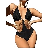 OYOANGLE Women's Chain Linked Cut Out Halter One Piece Swimsuit Tummy Control Bathing Suit